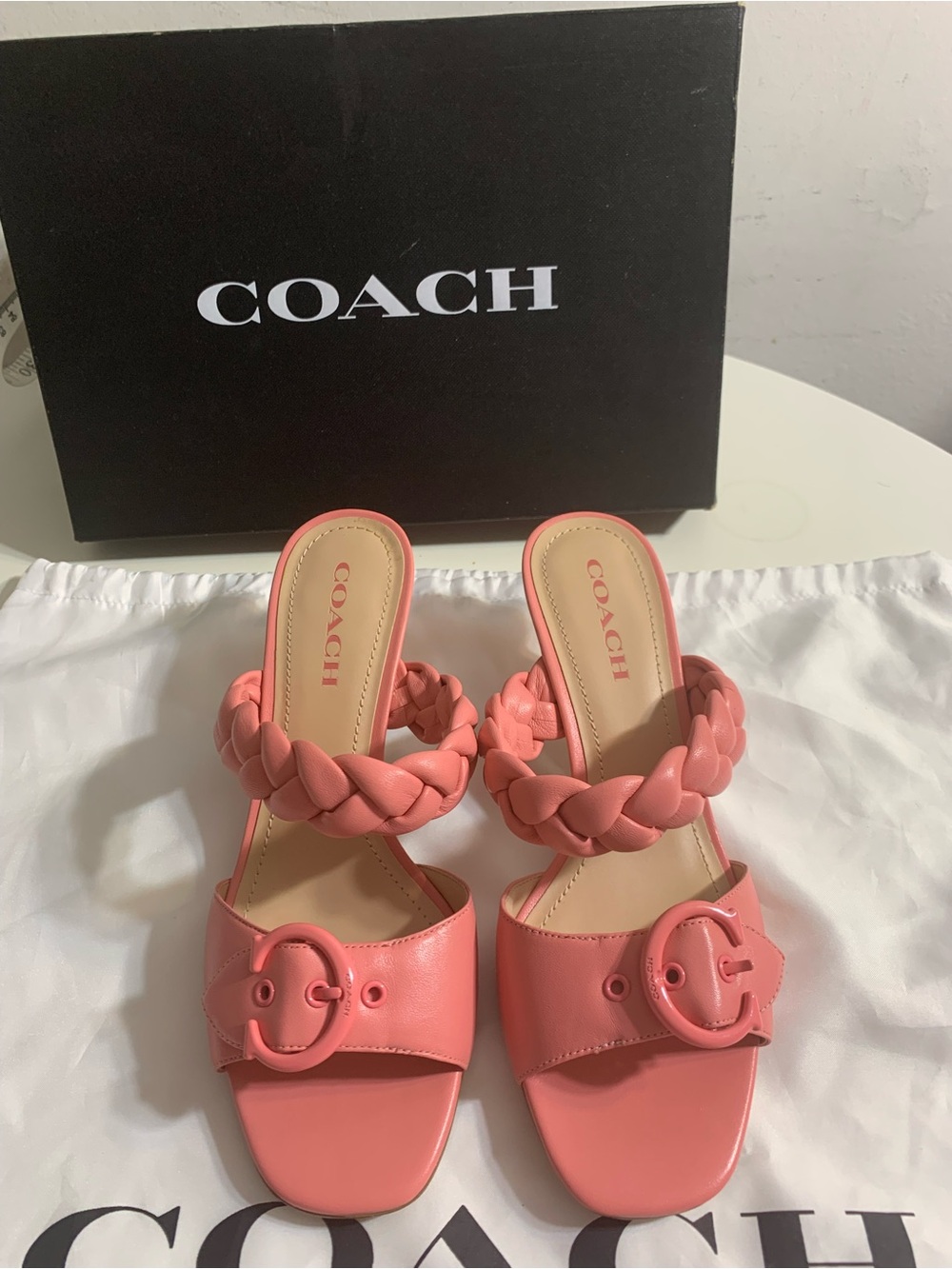 New Coach Coral Pink Braided-Strap Slide Sandals